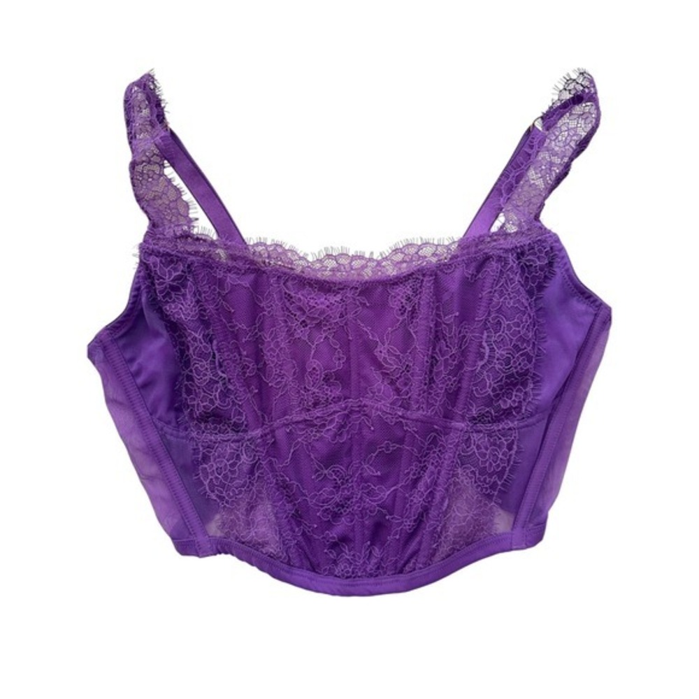 Victoria's Secret Lace Corset Cami Top Women XL Purple Y2K Mesh Eyelash Trim NWT